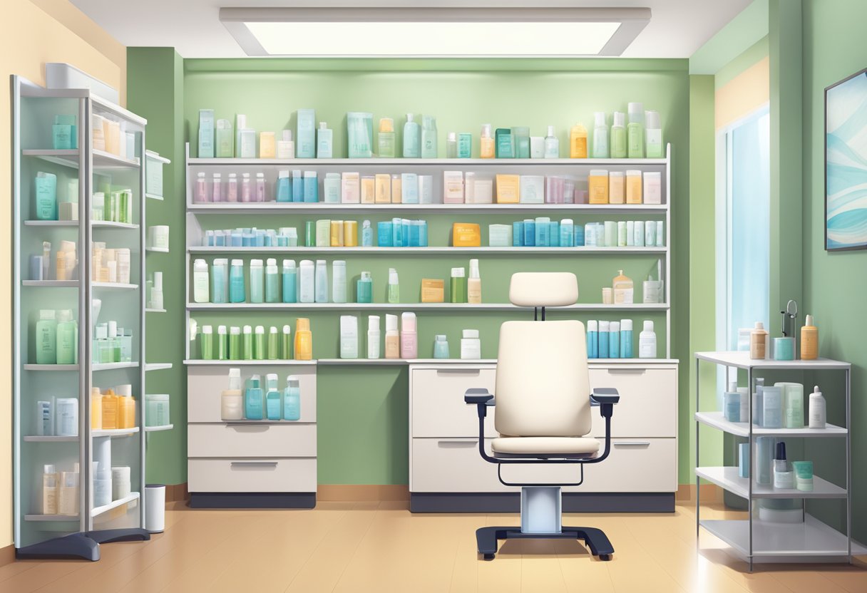 A well-lit clinic room with shelves of skincare products, a comfortable examination chair, and a friendly reception area