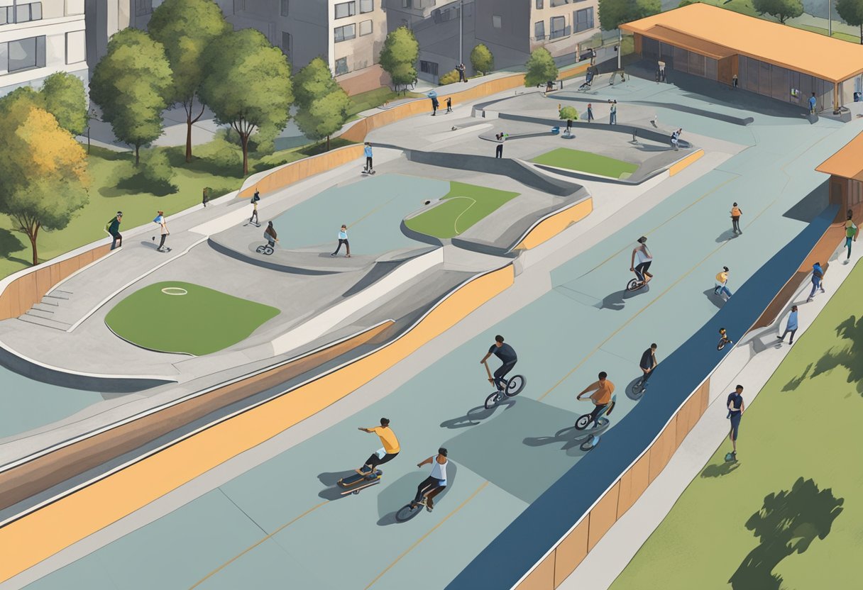 Youths skateboarding, biking, and rollerblading at Somerset Skate Park. Concrete ramps, rails, and bowls surrounded by urban cityscape