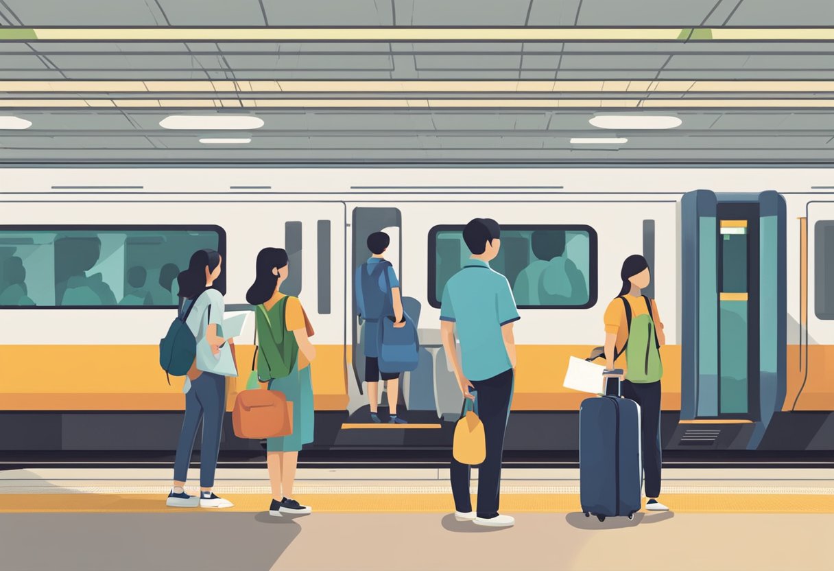 Passengers waiting at a train station in Singapore, with a sign reading "Frequently Asked Questions" displayed prominently