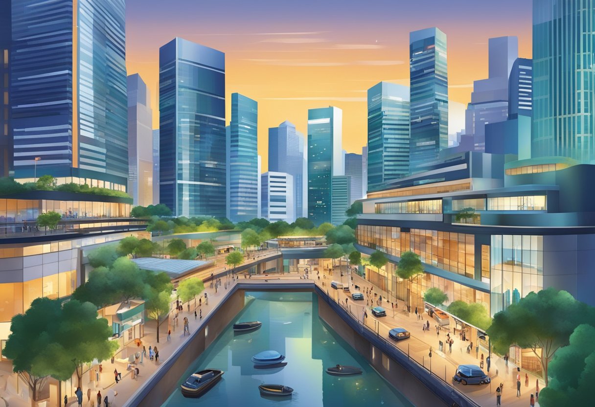 A bustling cityscape with diverse small and medium-sized enterprises (SMEs) in Singapore, showcasing modern buildings, bustling streets, and vibrant business activity