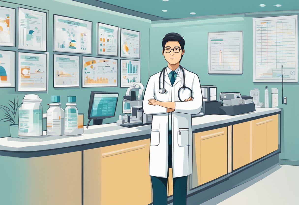 A doctor in a white coat standing in a modern clinic, surrounded by medical equipment and charts, with a sign that reads "Frequently Asked Questions skin doctor singapore" prominently displayed