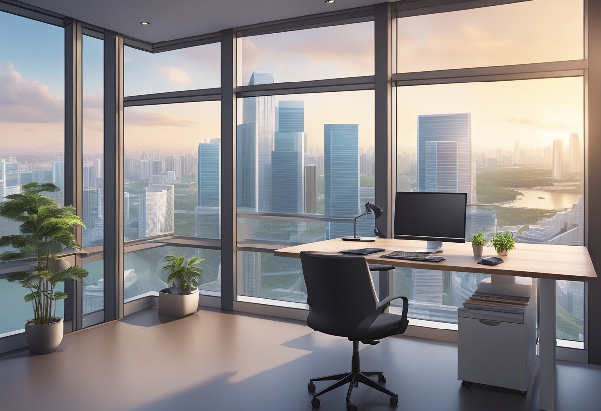 A modern office with a sleek standing desk in Singapore. City skyline visible through the window