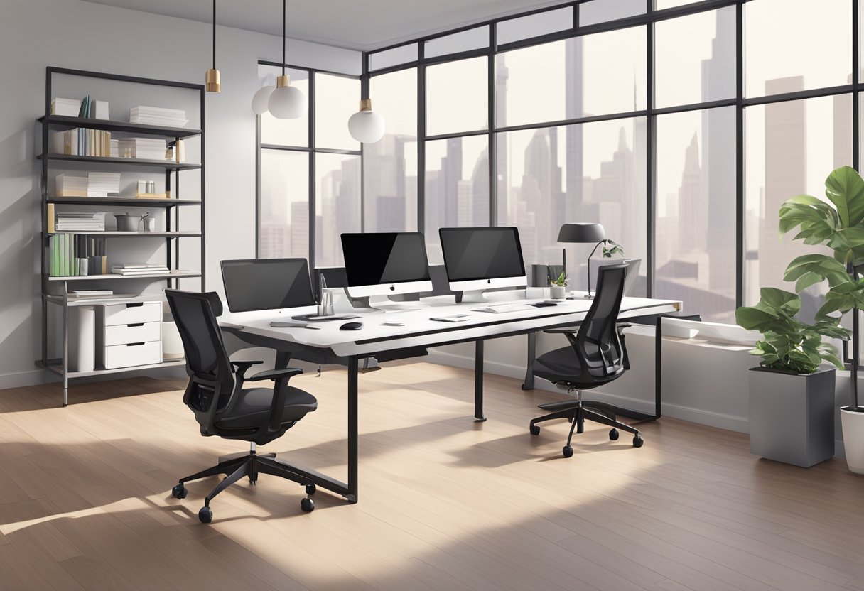 A modern office space with a sleek, adjustable standing desk surrounded by ergonomic chairs and organized work accessories