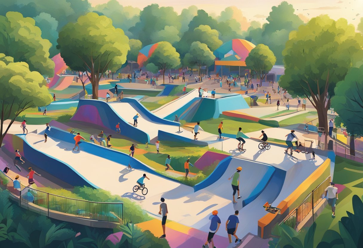 A bustling skate park with ramps, rails, and skaters in action. The park is surrounded by lush greenery and colorful graffiti art