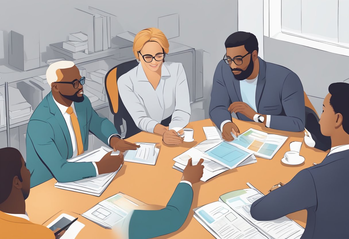 A group of diverse business owners gather around a table, exchanging ideas and resources. A mentor offers guidance while a government representative provides support materials