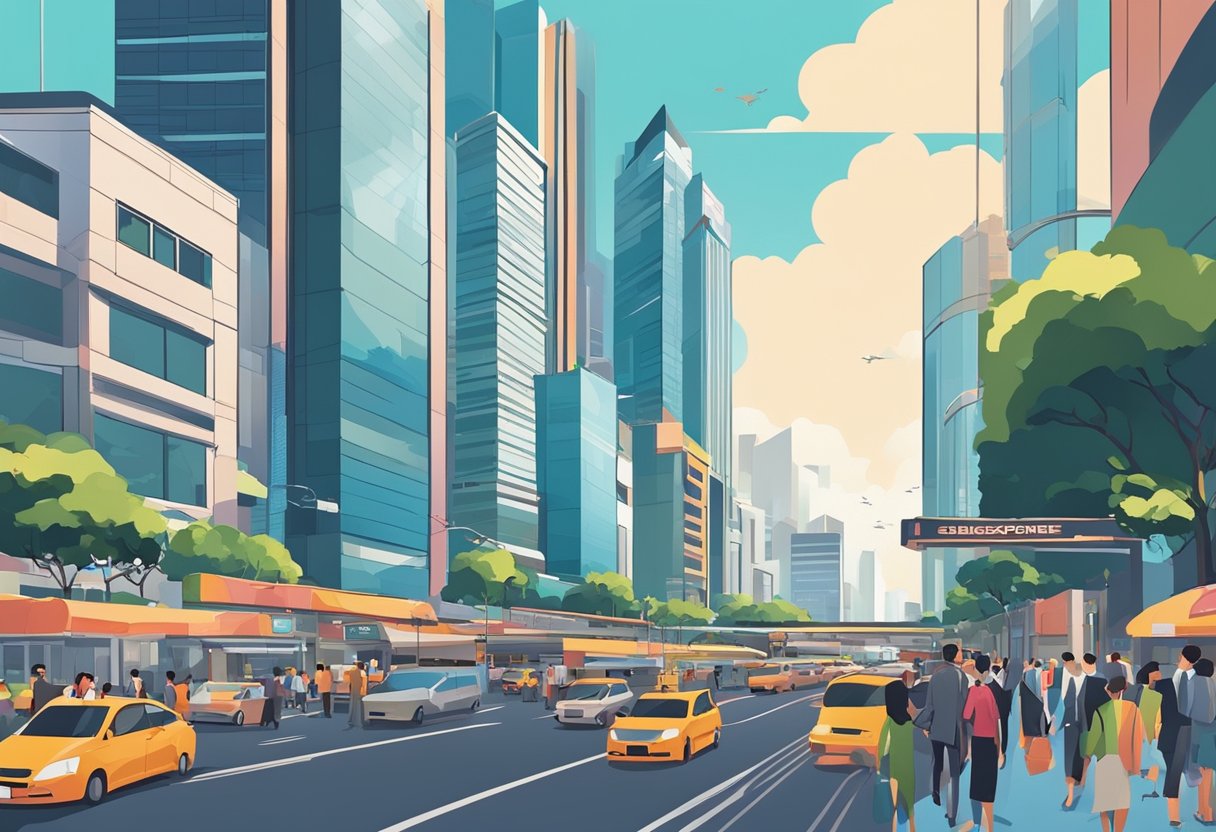 A busy city street in Singapore, lined with sleek, modern buildings and bustling with people in suits. The skyline is filled with skyscrapers and the atmosphere is vibrant and cosmopolitan