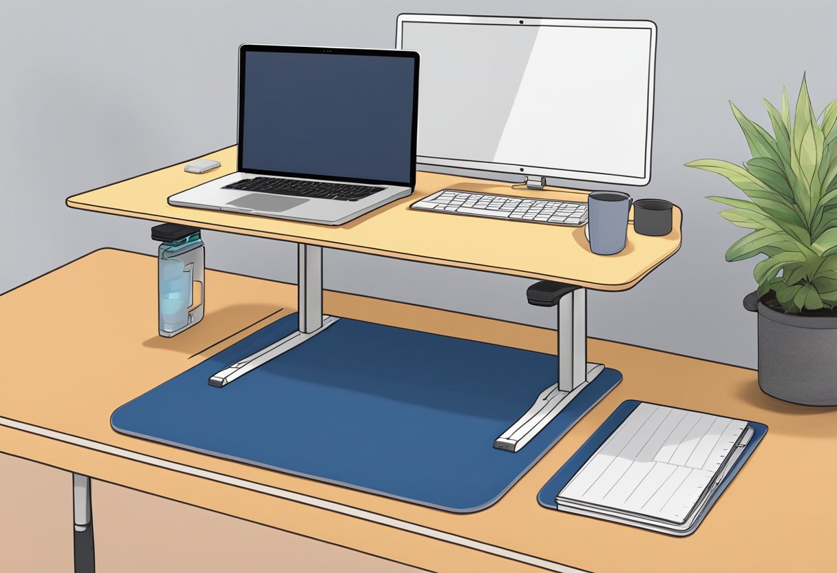 A person's laptop and notebook on an adjustable standing desk with a comfortable anti-fatigue mat