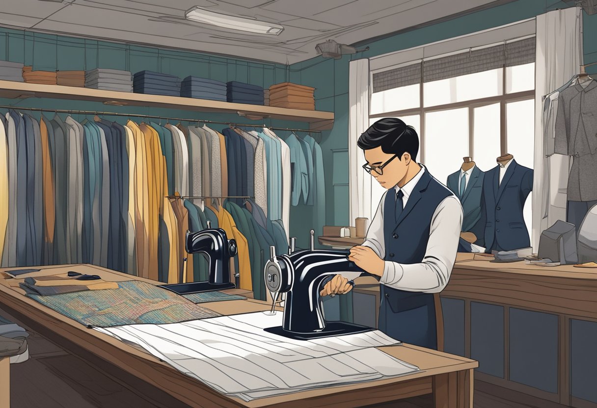 A tailor carefully measures fabric for a bespoke suit in a Singapore workshop. Fabrics and patterns line the walls, while sewing machines hum in the background