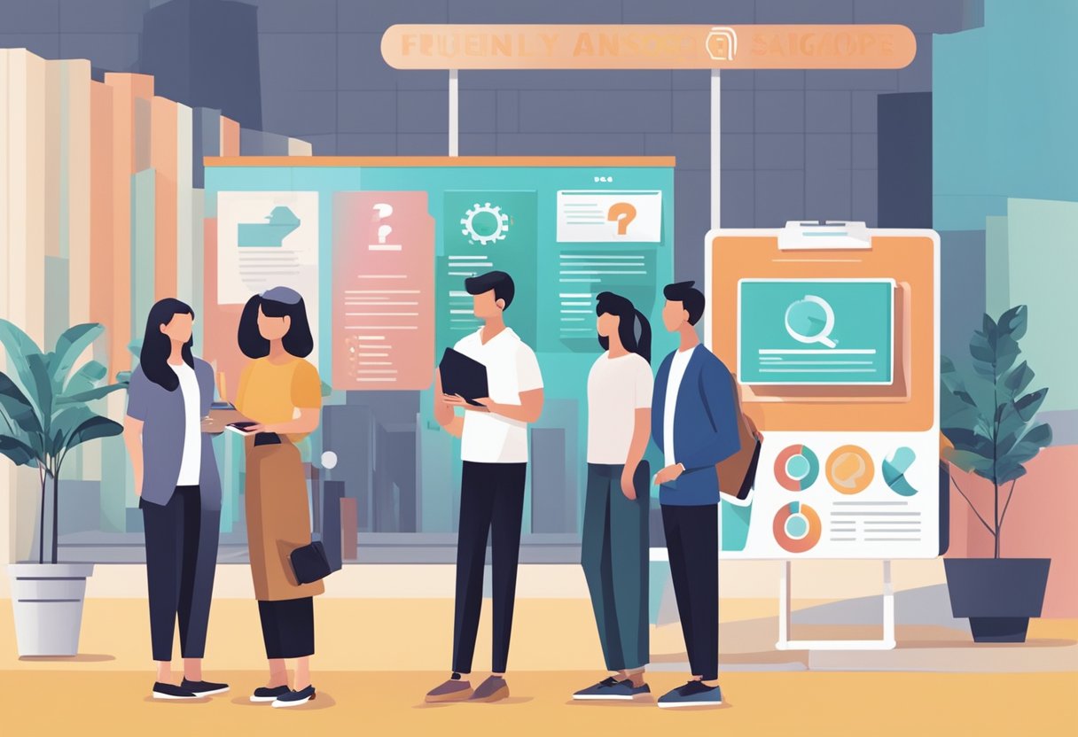 A group of people standing in front of a sign that reads "Frequently Asked Questions SME Singapore." The sign is bold and easily visible