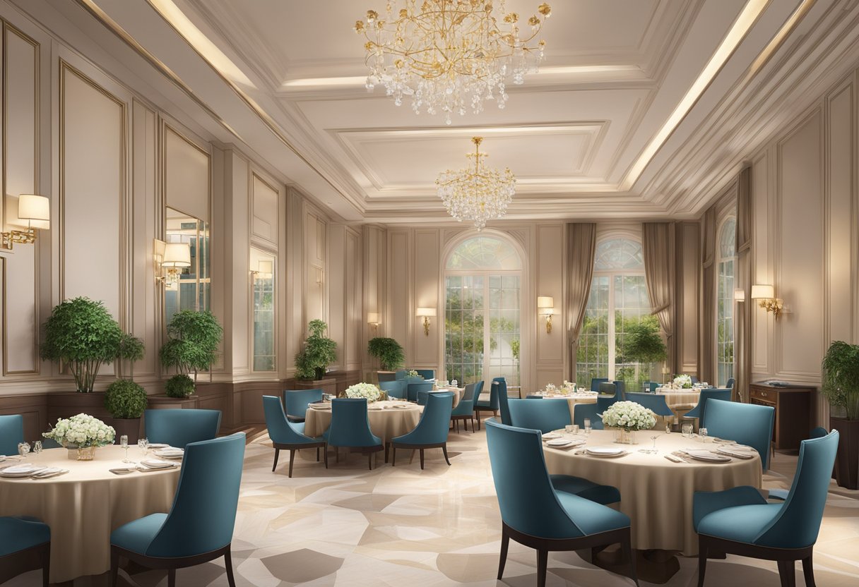 A luxurious dining area with elegant decor and comfortable seating at the Regent Hotel in Singapore. A serene ambiance with soft lighting and a hint of opulence