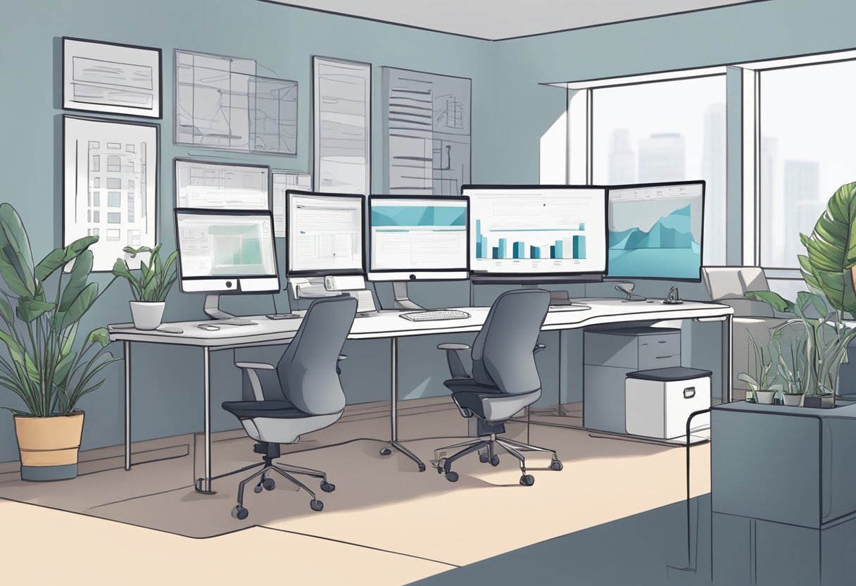 A modern office setting with a sleek standing desk in the center, surrounded by ergonomic chairs and computer monitors. A sign above the desk reads "Frequently Asked Questions standing desk singapore."