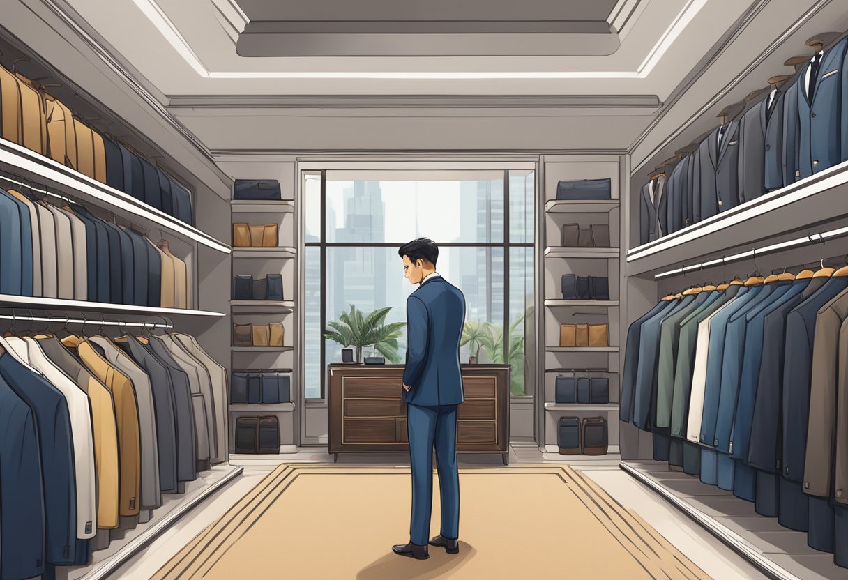 A well-dressed person browsing through a collection of tailored suits in a modern and luxurious boutique in Singapore