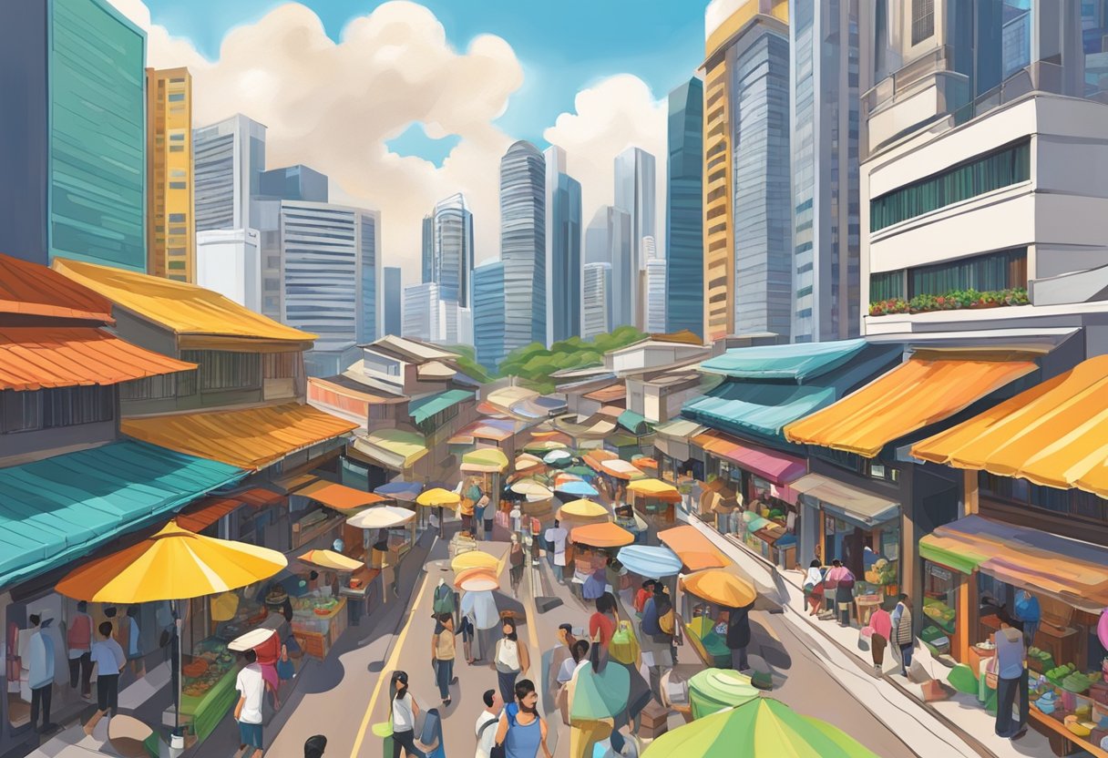 A bustling street in Singapore, with colorful shophouses and vibrant street vendors, under the shadow of towering skyscrapers