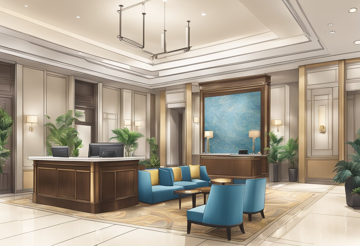 The lobby of Regent Hotel Singapore, with a front desk, seating area, and a display of brochures