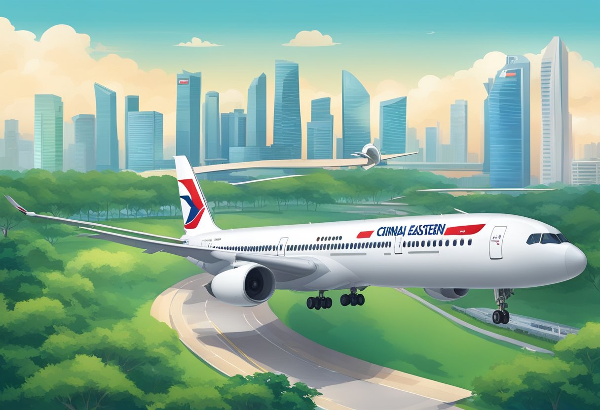 A China Eastern Airlines plane lands at Singapore's airport, surrounded by the city's iconic skyline and lush greenery