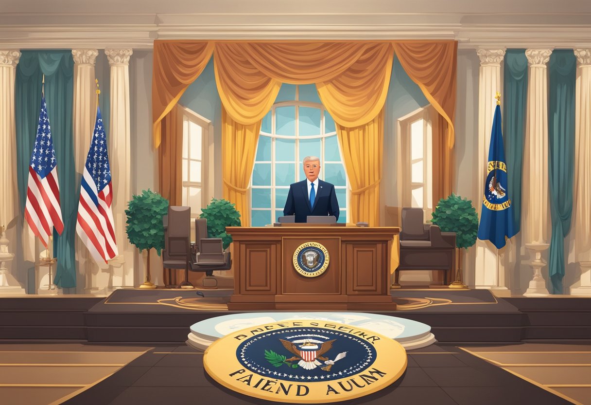 A grand podium with a presidential seal, surrounded by family photos and a globe. A desk cluttered with paperwork and a photo album