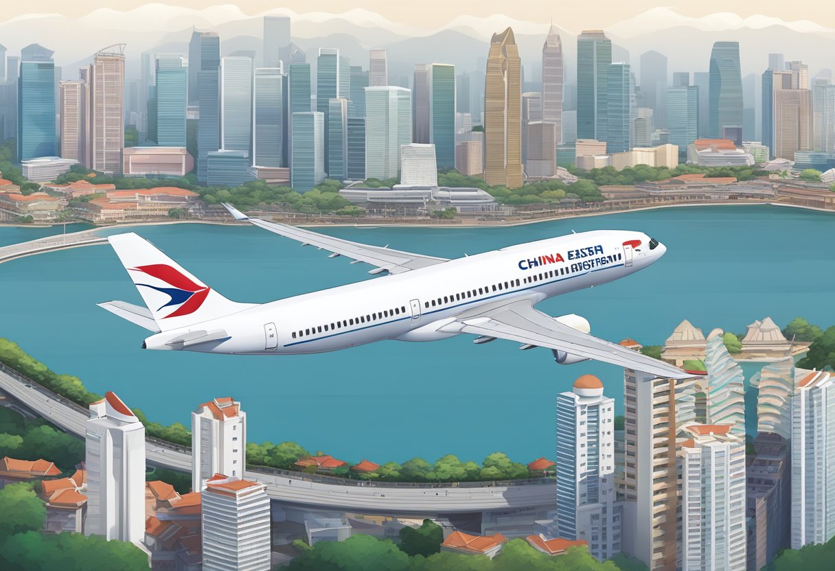 A China Eastern Airlines plane soaring over the iconic skyline of Singapore, with the distinctive logo visible on the aircraft's tail
