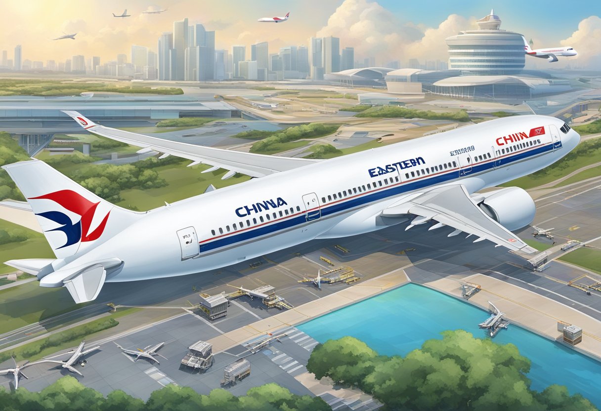 China Eastern Airlines planes take off and land at Singapore Airport, with a backdrop of bustling flight operations and various destinations