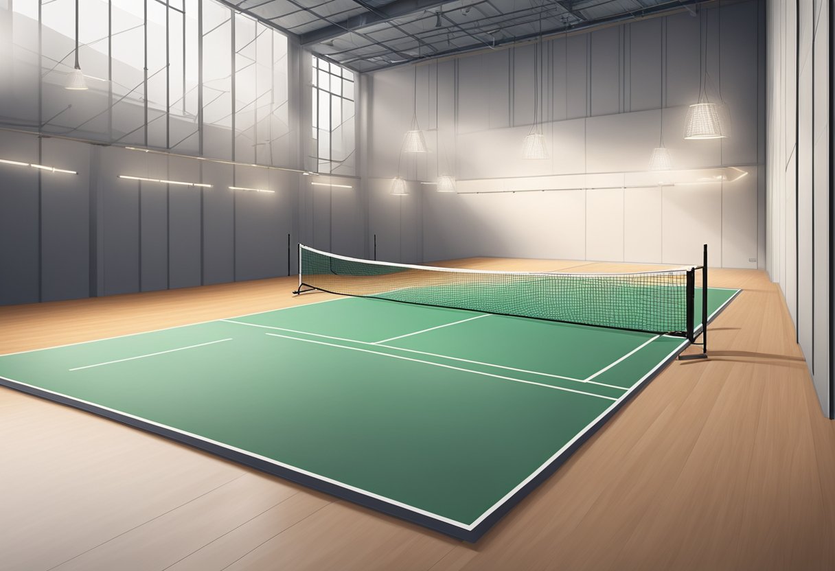 A badminton court in Singapore is being booked by a group of players, with the net set up and the court ready for a game