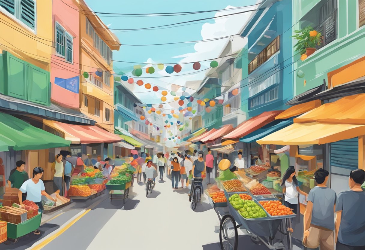 A bustling street in Anju, Singapore, with colorful buildings and vibrant street vendors