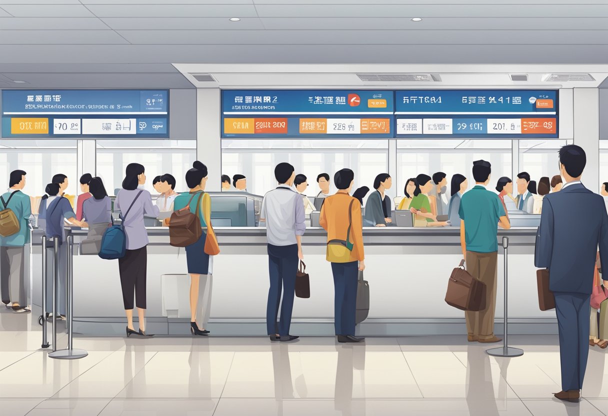 Passengers lining up at China Eastern Airlines counter in Singapore, with a sign displaying "Frequently Asked Questions" prominently