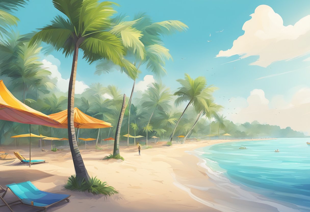 A sunny beach in Singapore with colorful bikinis scattered on the sand, palm trees swaying in the breeze, and crystal clear water stretching out to the horizon