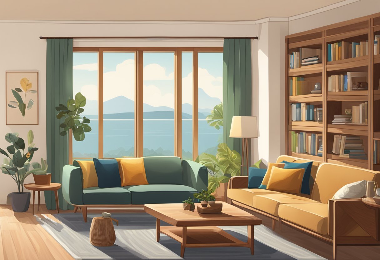 A cozy living room with teak furniture, including a sleek coffee table, a comfortable sofa, and a beautiful teak wood bookshelf. Large windows allow natural light to fill the room, creating a warm and inviting atmosphere