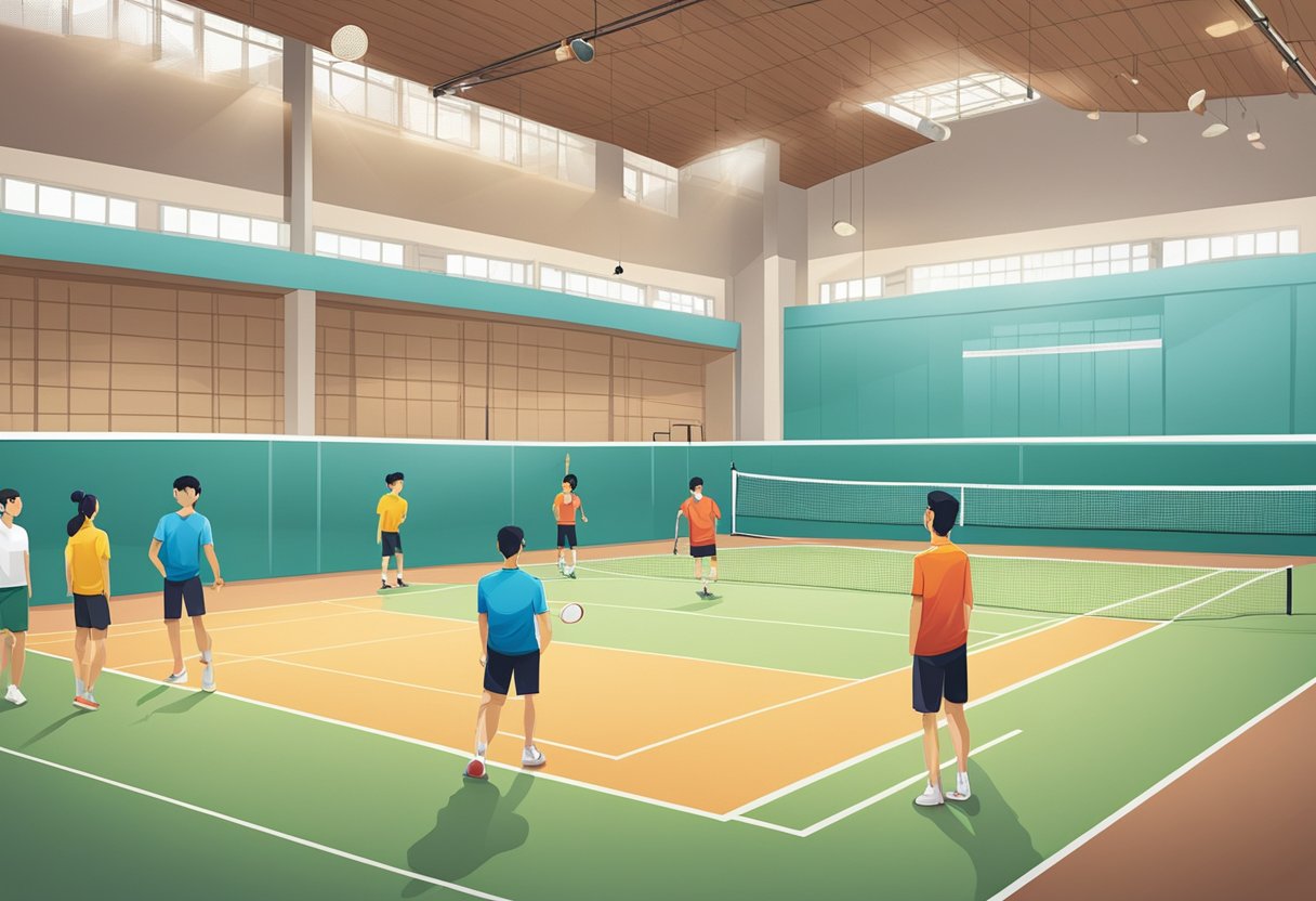 A badminton court in Singapore with a booking schedule displayed, players waiting, and a staff member assisting