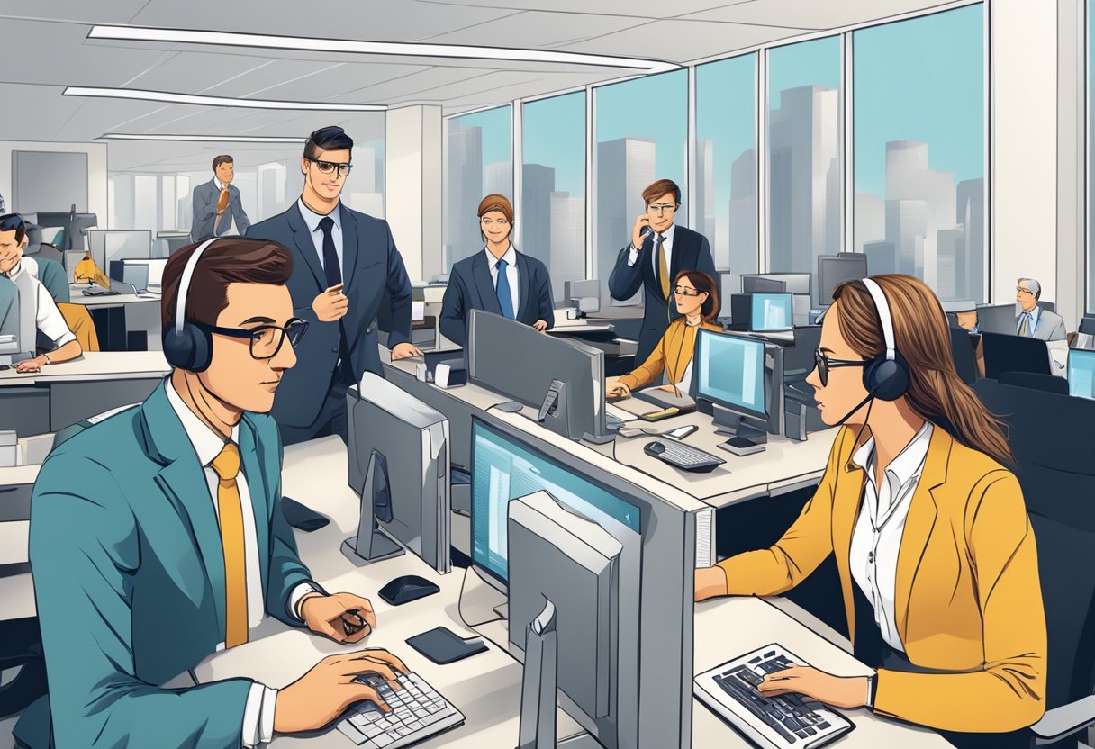 A busy office setting with people in business attire asking questions at a help desk