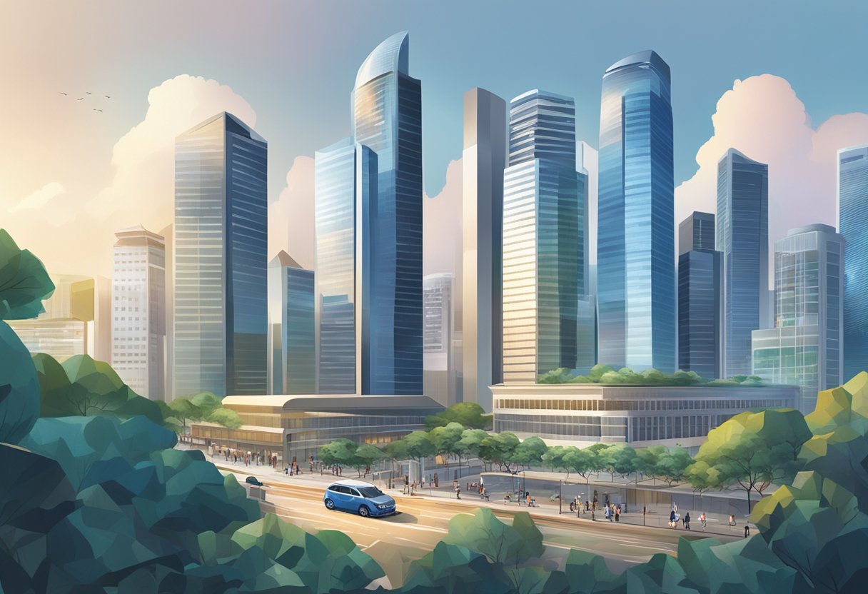 A bustling financial district with modern skyscrapers and bustling activity, showcasing Aspire's influence on Singapore's financial sector