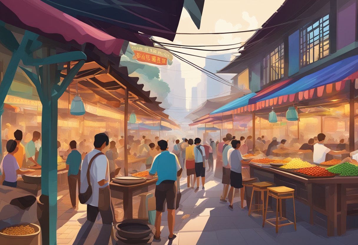 A bustling hawker center with colorful stalls and aromatic smoke rising from sizzling woks. Vibrant signs and bustling crowds create a lively atmosphere