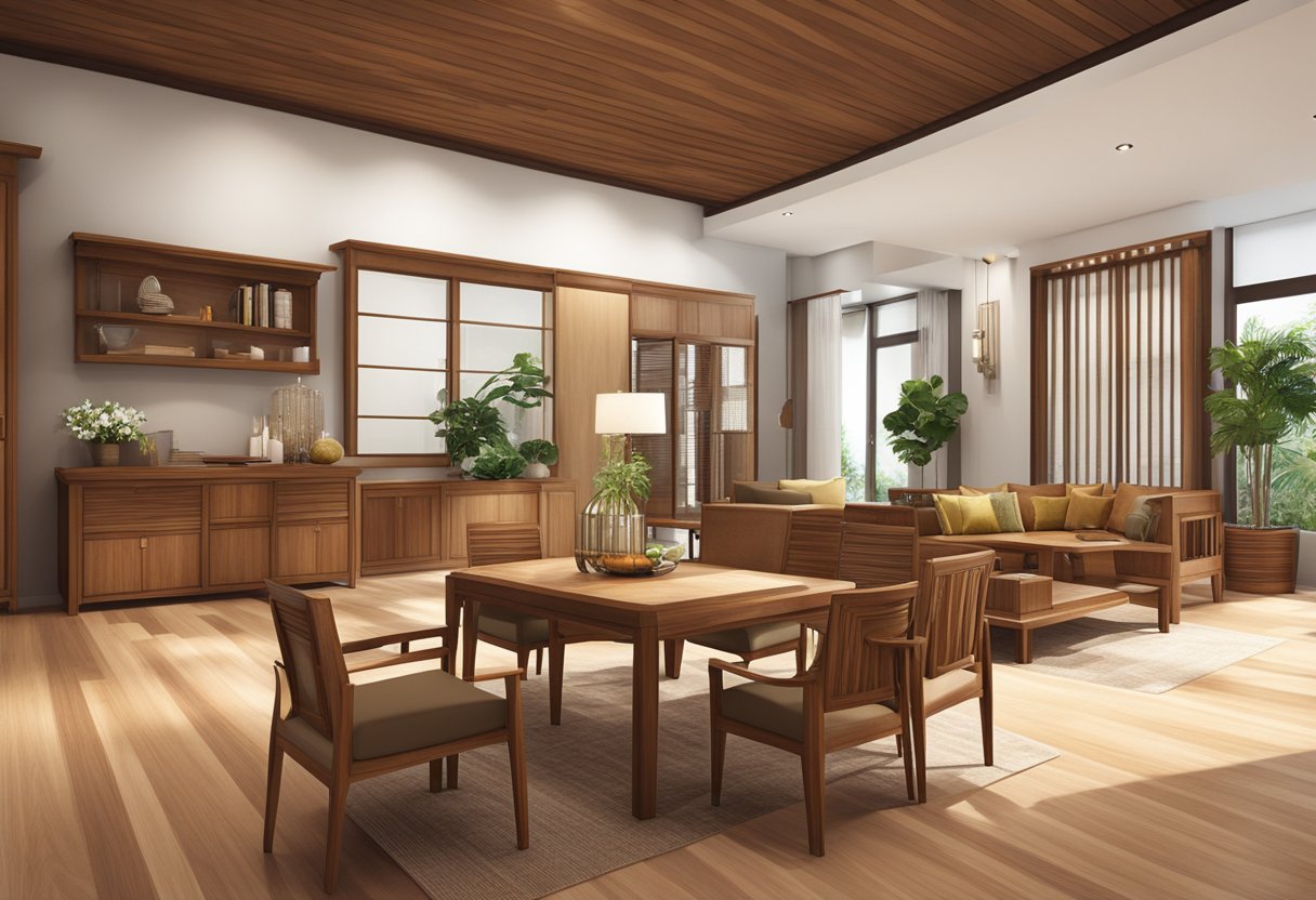 A showroom in Singapore displays teak furniture, with elegant designs and rich wood tones
