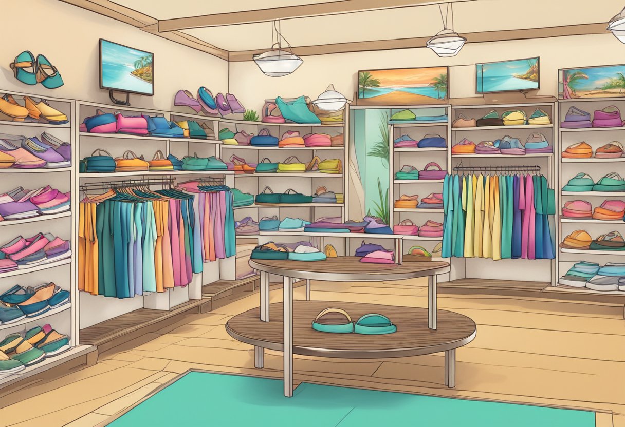 A display of various bikini styles in a vibrant Singapore beach shop