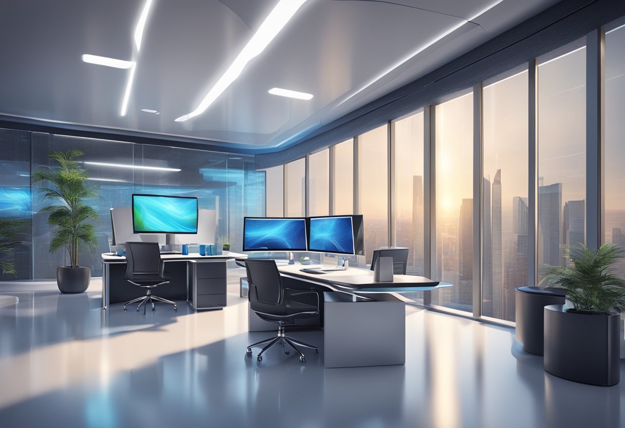 A sleek, futuristic office space with cutting-edge technology and modern design elements. The atmosphere exudes innovation and efficiency