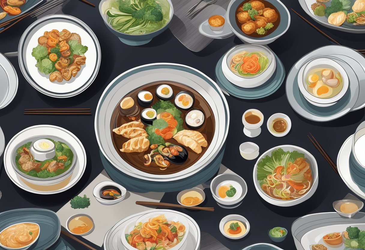 A table set with elegant dinnerware, surrounded by dimly lit ambiance and modern decor, with a tantalizing array of Korean fusion dishes