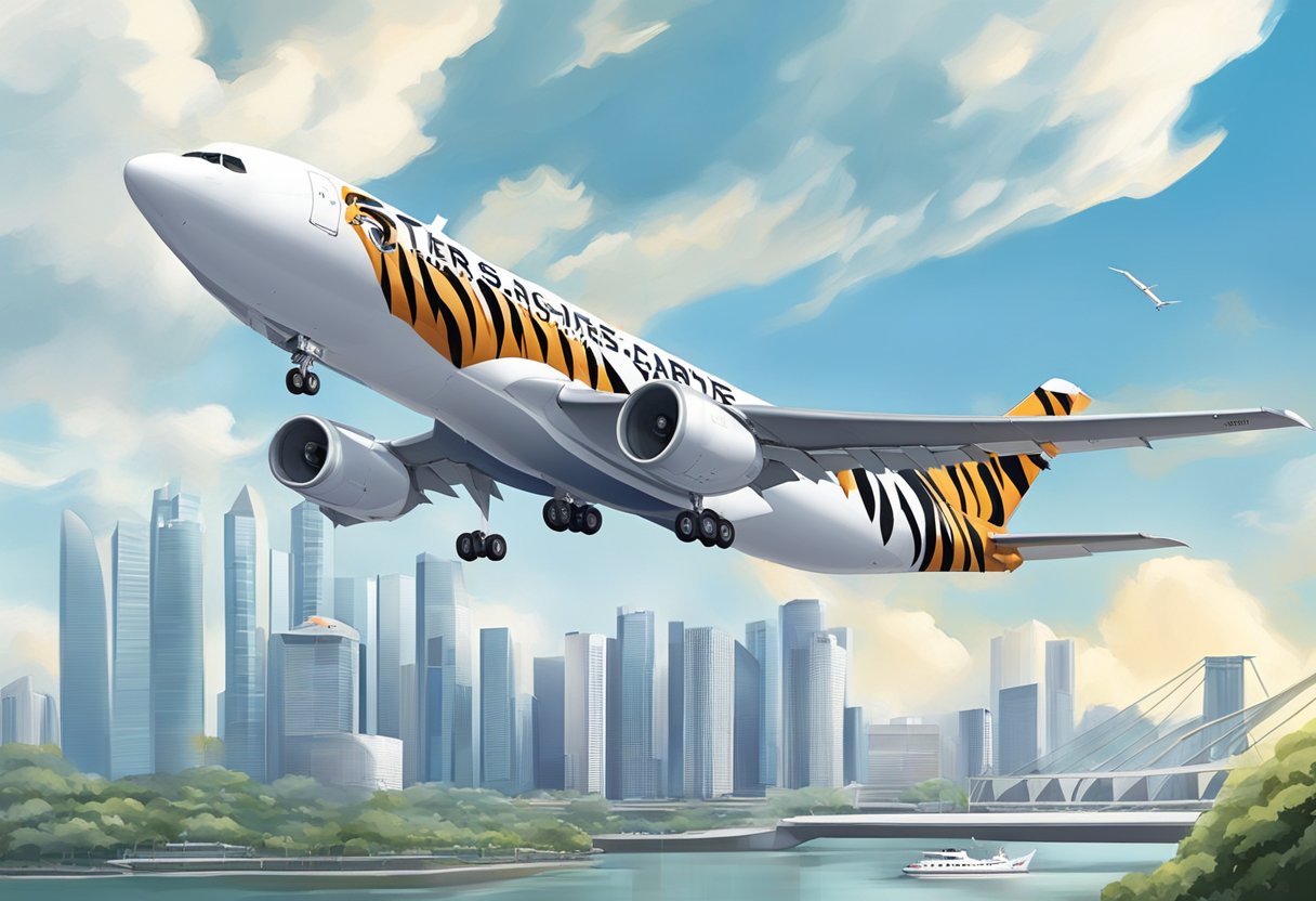 Tiger Airlines Singapore: Founded in 2004, a tiger emblem on a sleek, modern aircraft against a backdrop of the iconic Singapore skyline