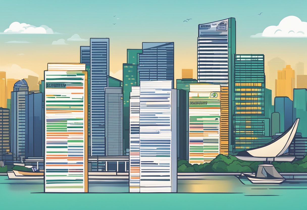 A stack of FAQ cards with "Frequently Asked Questions" written on them, set against a backdrop of the Singapore skyline