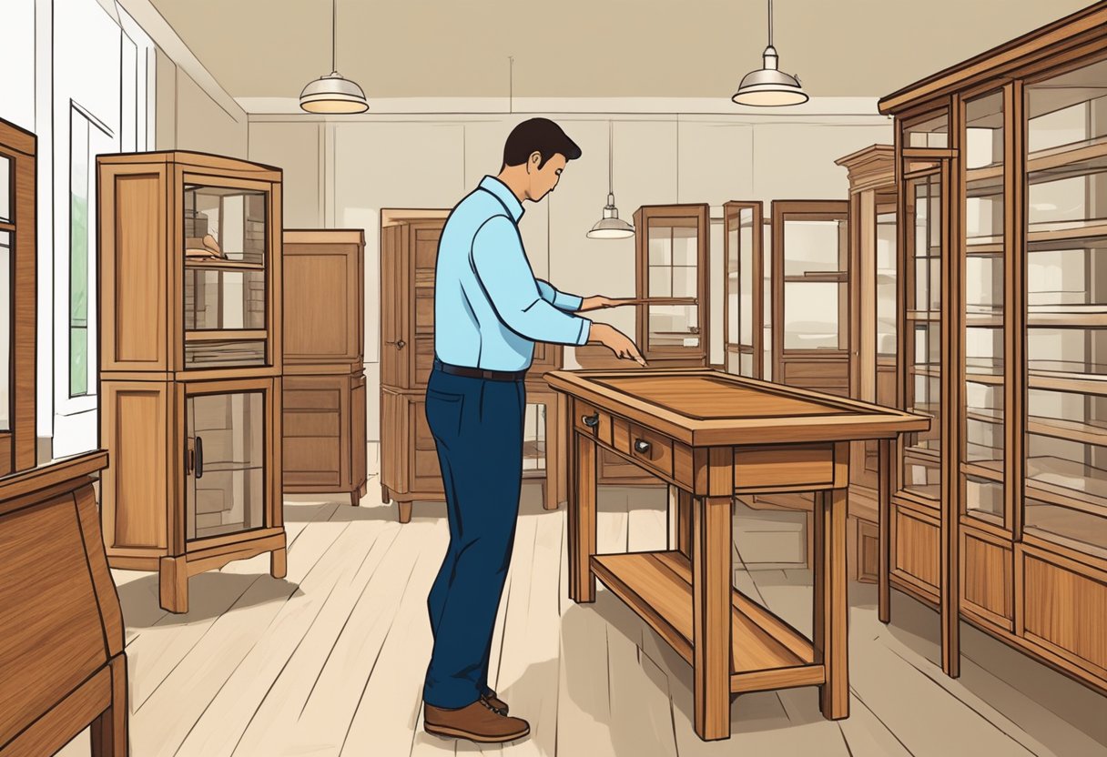A customer carefully selects teak furniture at a showroom. A salesperson explains proper care and maintenance. The furniture is displayed in a well-lit and organized setting