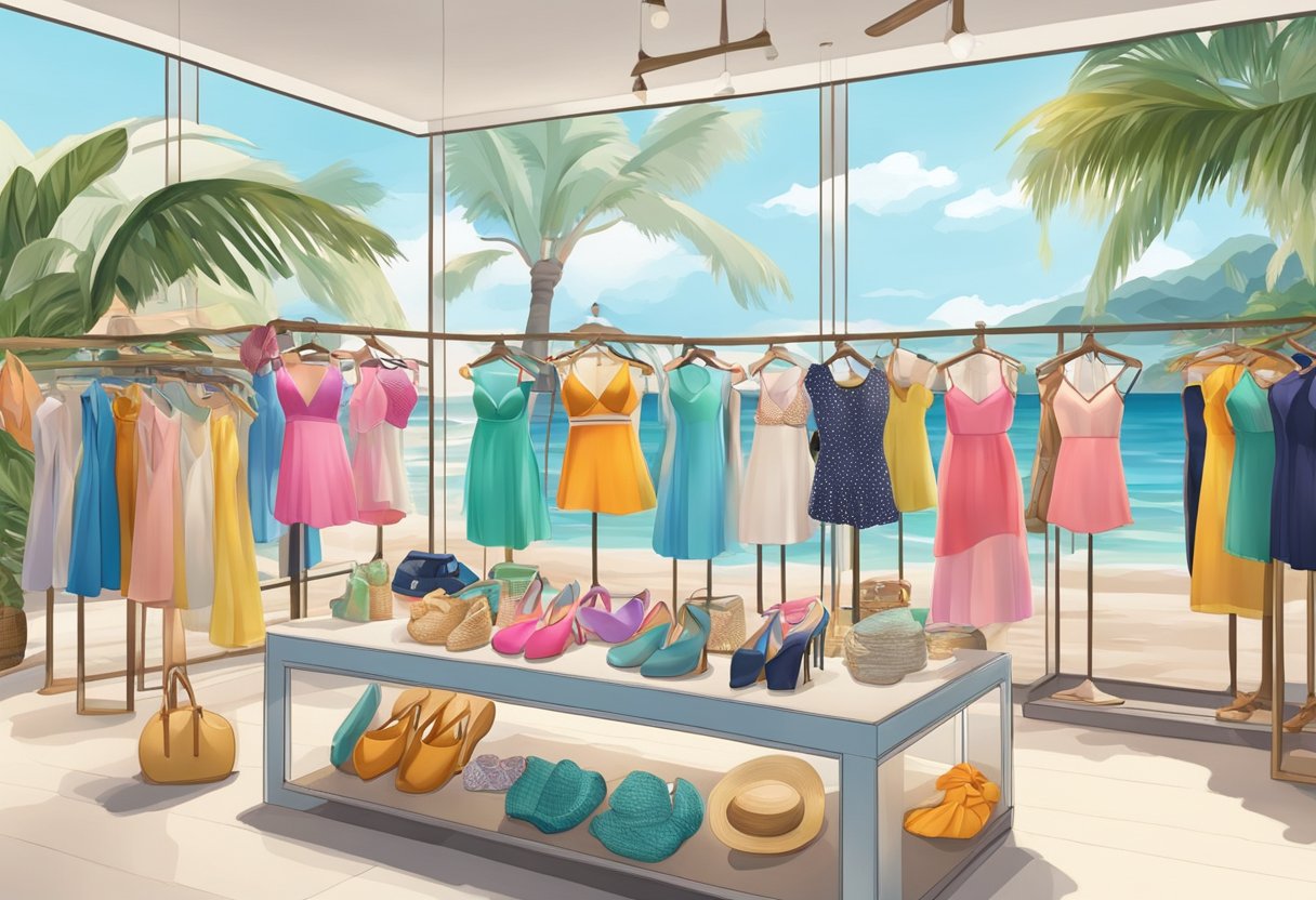 A beach scene with various bikini styles displayed in a Singapore shop window, surrounded by trendy accessories and consumer choices