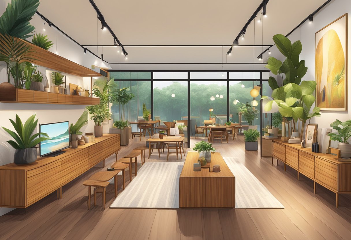A teak furniture showroom in Singapore, with various pieces on display and customers browsing. Bright lighting and modern decor create a welcoming atmosphere