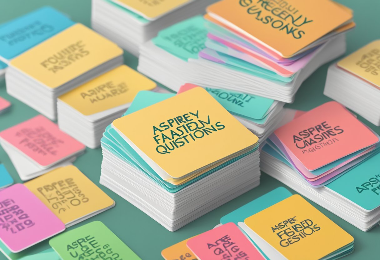 A stack of colorful question cards with the words "Frequently Asked Questions" and "aspire singapore" written on them, arranged neatly on a desk
