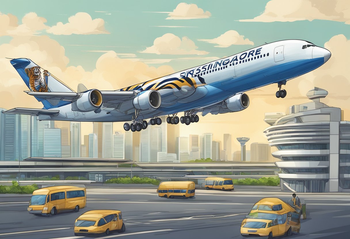 The tiger airplane takes off from Singapore's bustling airport, heading towards various international destinations