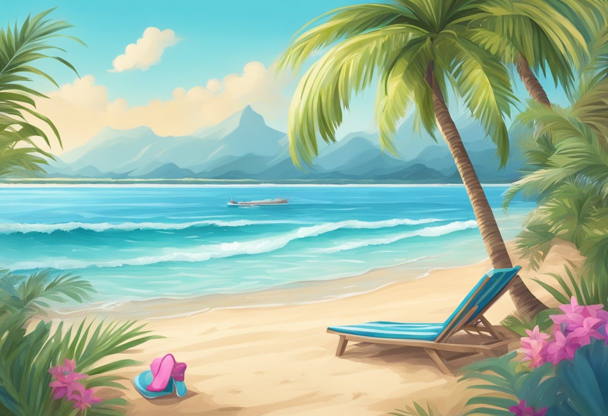 A beach scene with a colorful bikini on a sandy shore, surrounded by palm trees and clear blue water