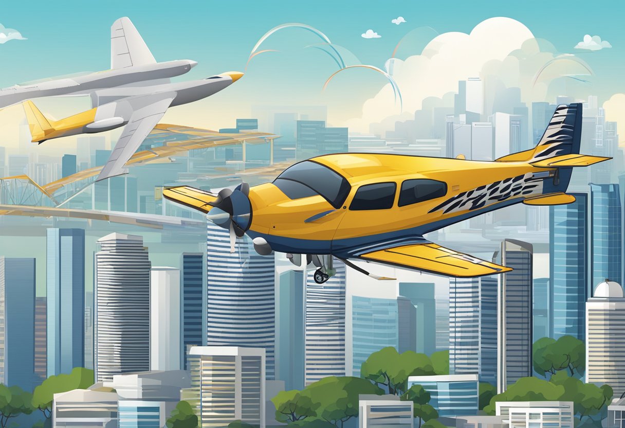 A tiger airplane flying over the Singapore skyline with a "Frequently Asked Questions" banner in the background