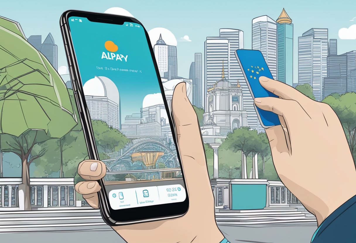A hand holding a mobile phone with the Alipay app open, with a background of Singapore landmarks and a top-up transaction in progress