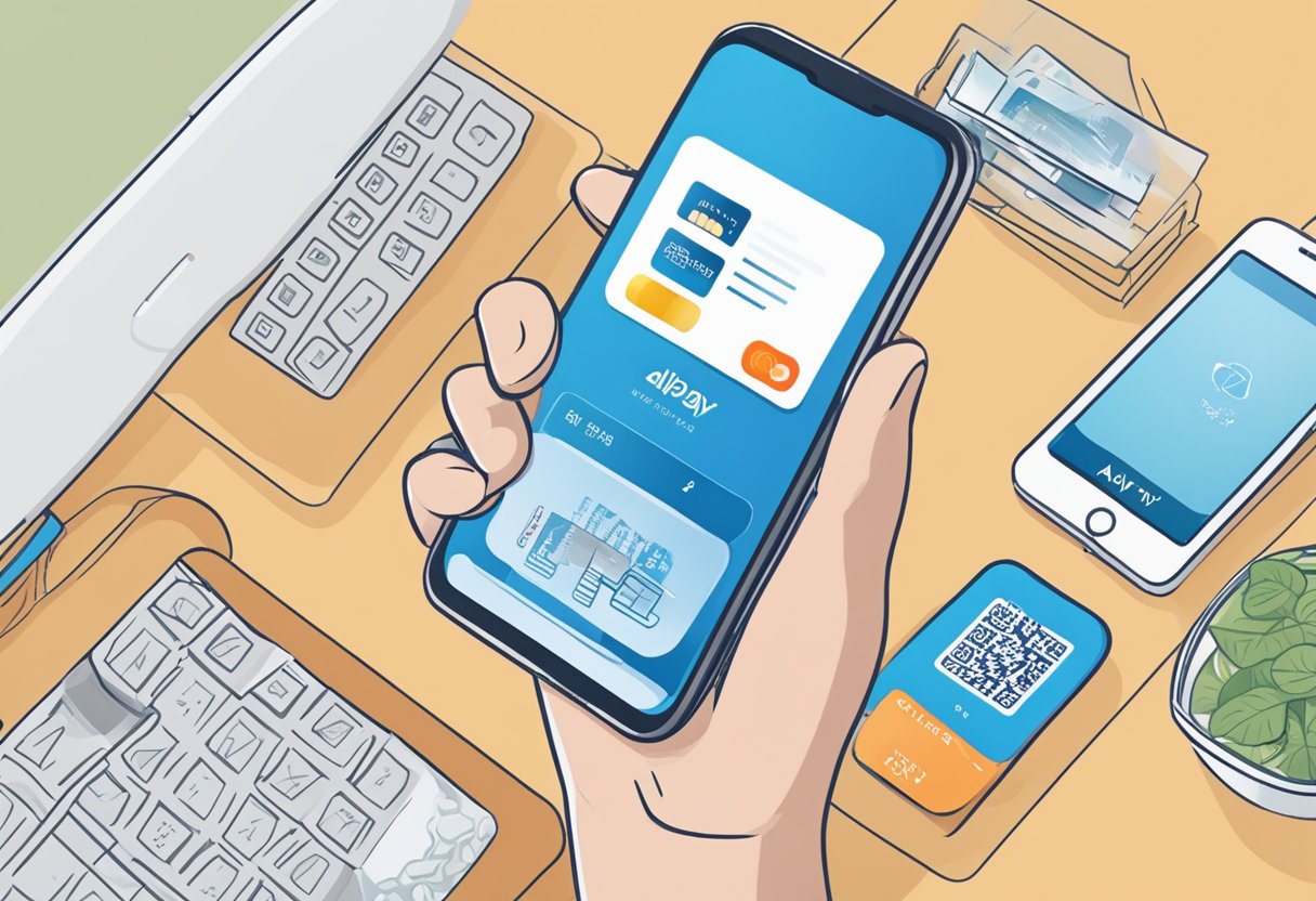 A smartphone with the Alipay app open, showing the top-up function. A Singaporean debit card is being used to add funds to the Alipay account