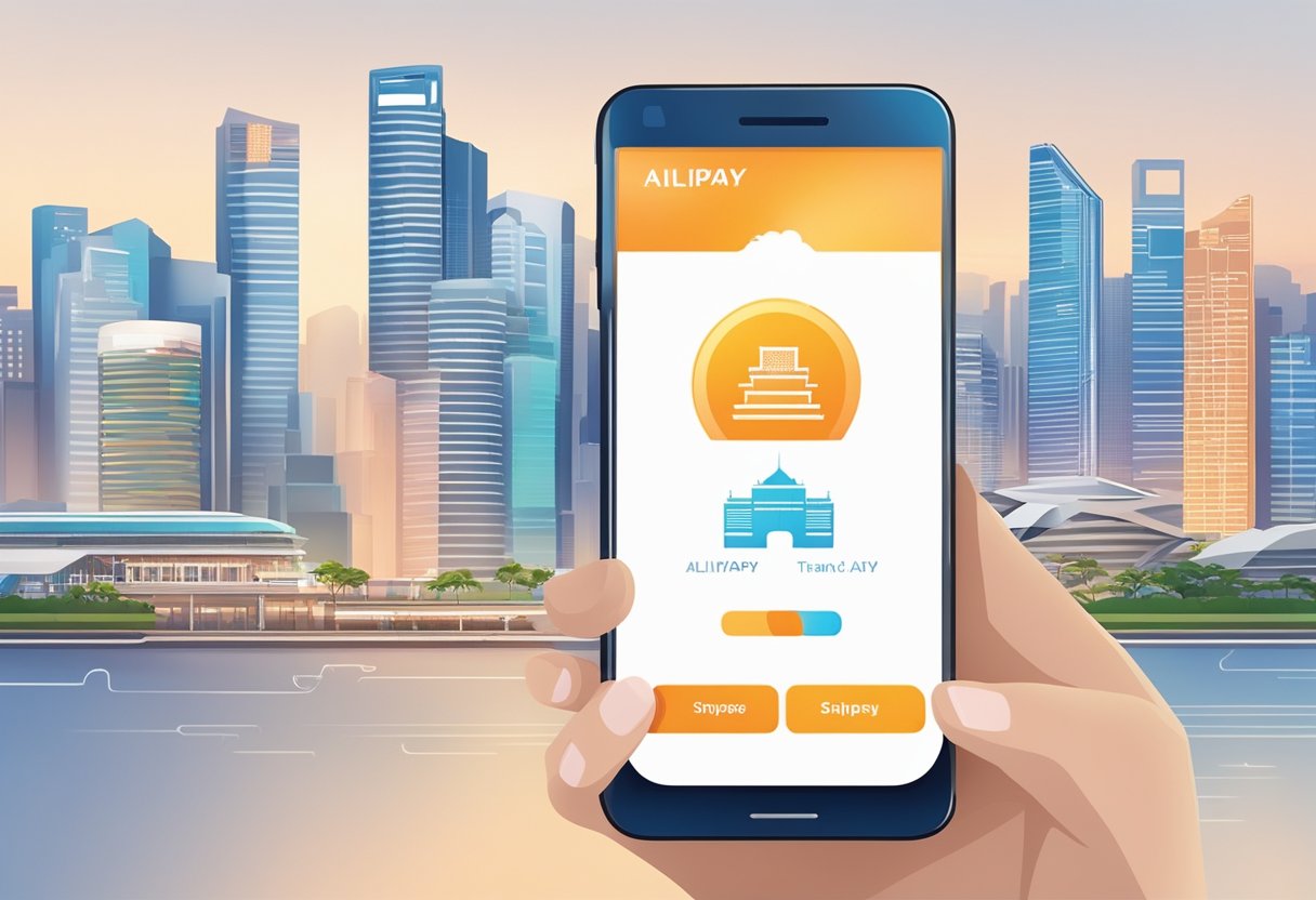A hand holding a smartphone with the Alipay app open, with a transaction being processed and the Singapore skyline in the background