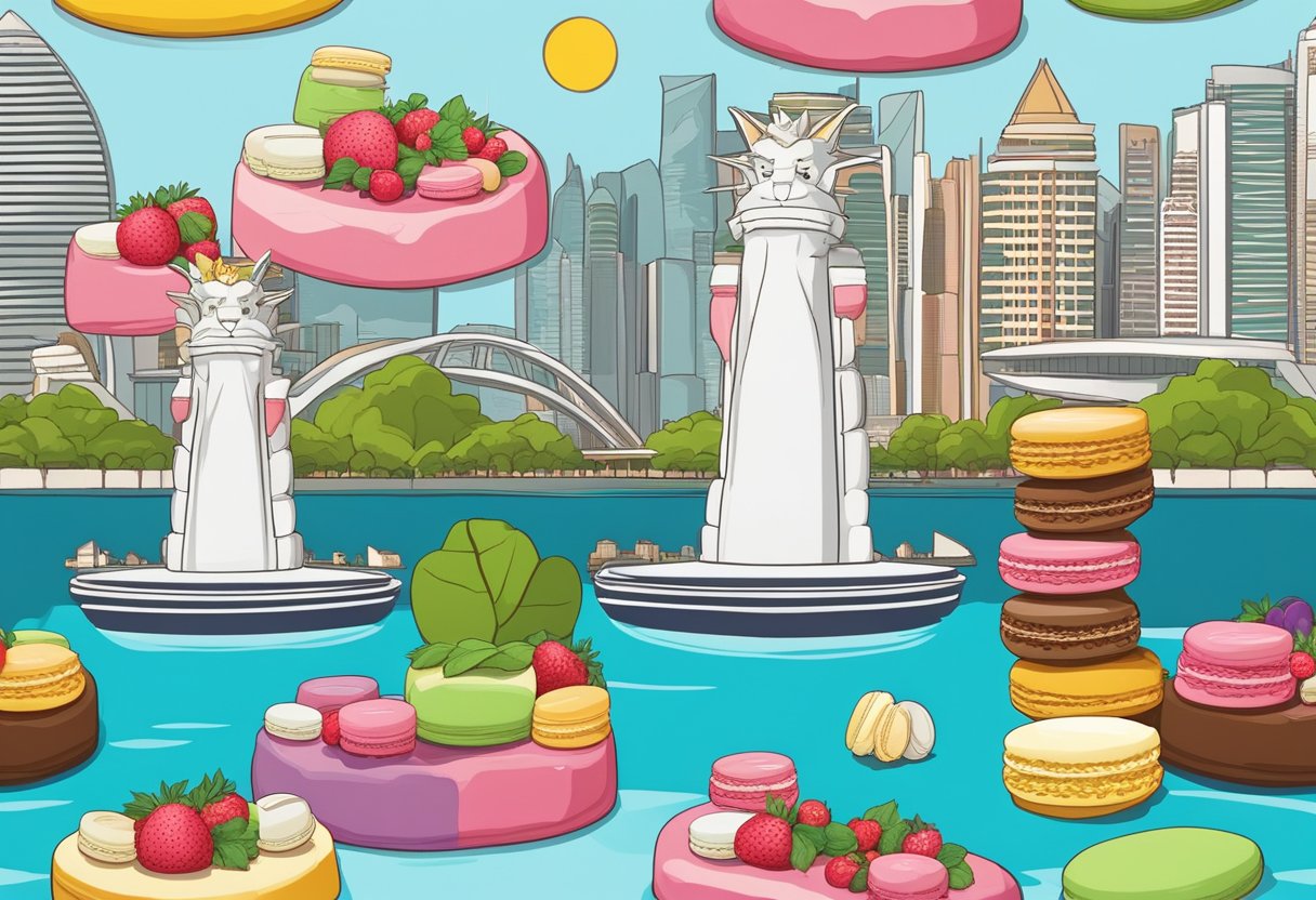 A tall log cake adorned with colorful macarons and fresh berries, set against a backdrop of iconic Singapore landmarks like the Merlion and Marina Bay Sands