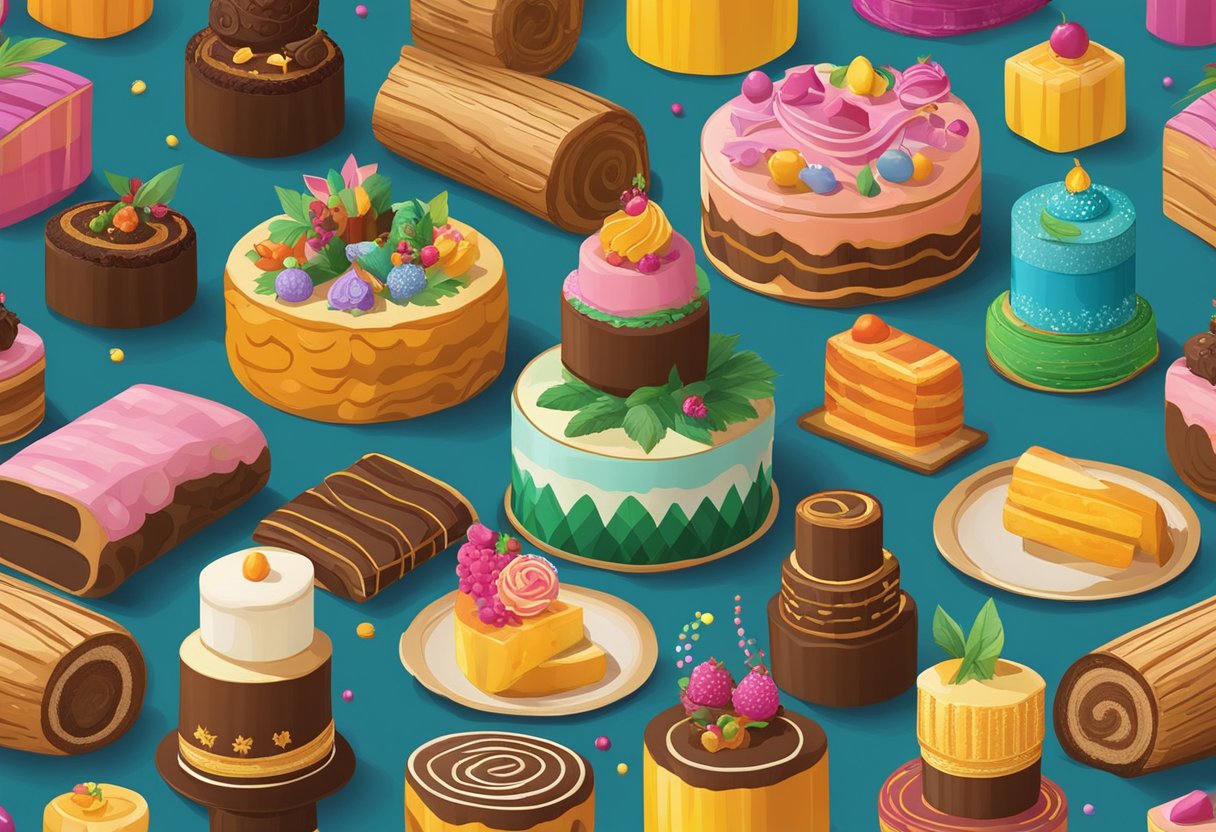 A colorful array of log cakes displayed on a table, with intricate designs and various flavors, surrounded by festive decorations