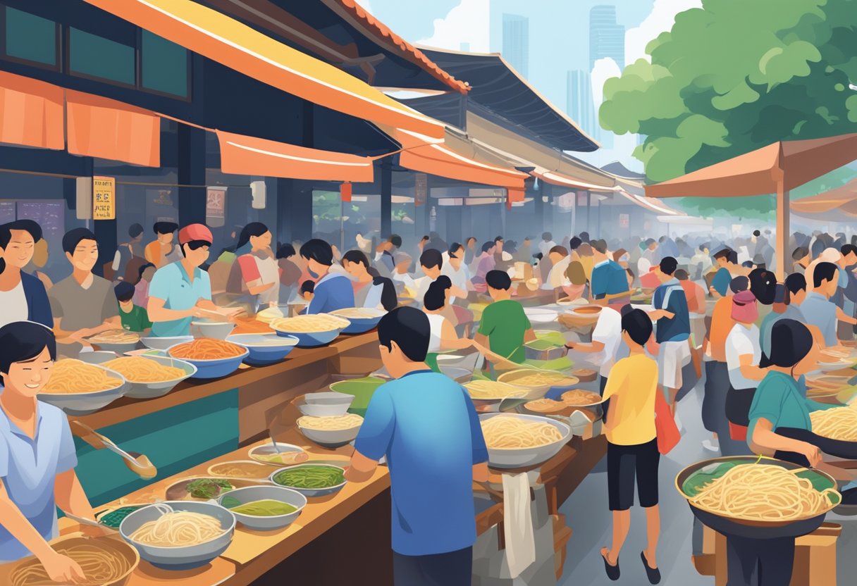 A bustling hawker center in Singapore, with steaming bowls of udon noodles being served amidst colorful stalls and bustling crowds